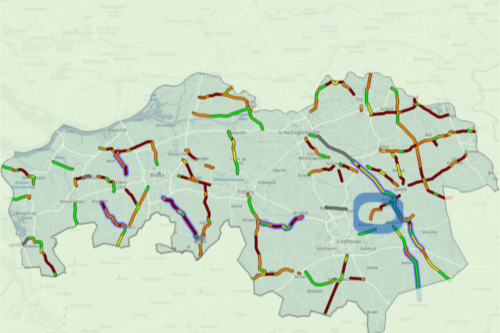 Weginrichting met Noord-Brabant als beheerder met de N615 in blauw omcirkeld 